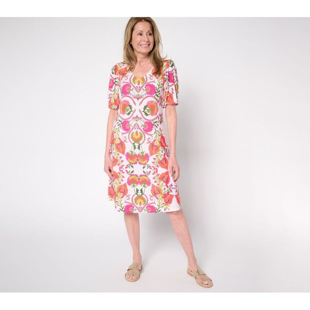 Top Knot Women's Petite Dress PL Printed Liquid Knit Puff Multi-colored A687847